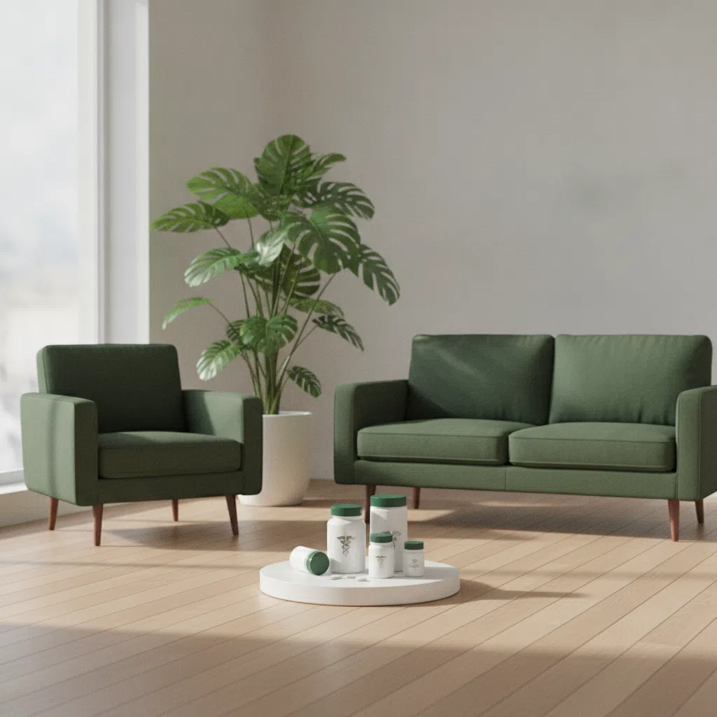 A calm workspace with a notepad, a potted plant and a glass of water on a light timber desk