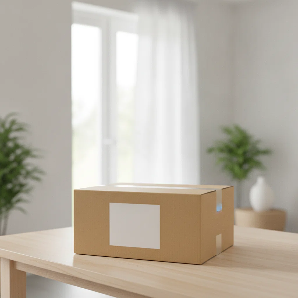 A neat kraft parcel box placed on a table near a bright home entryway