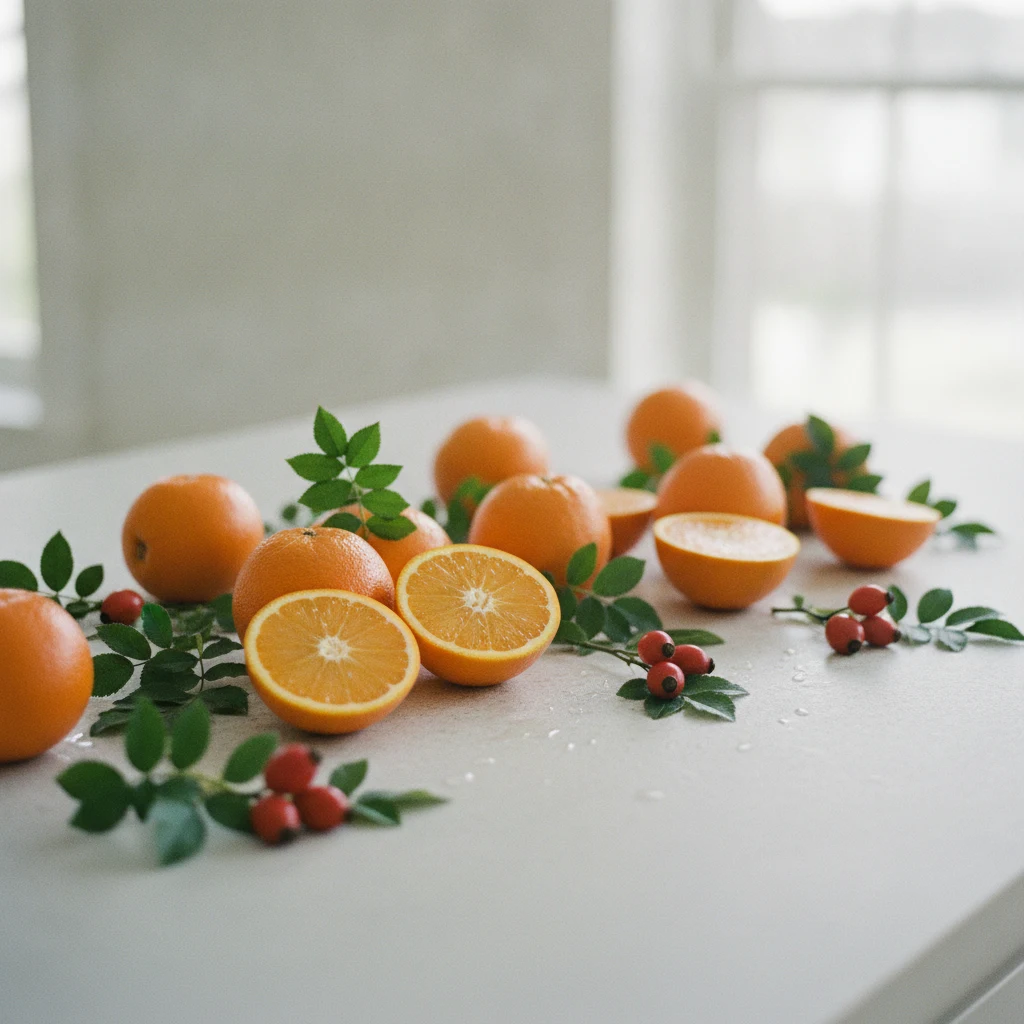 Fresh oranges, rosehip berries and green leaves arranged on a light stone kitchen table