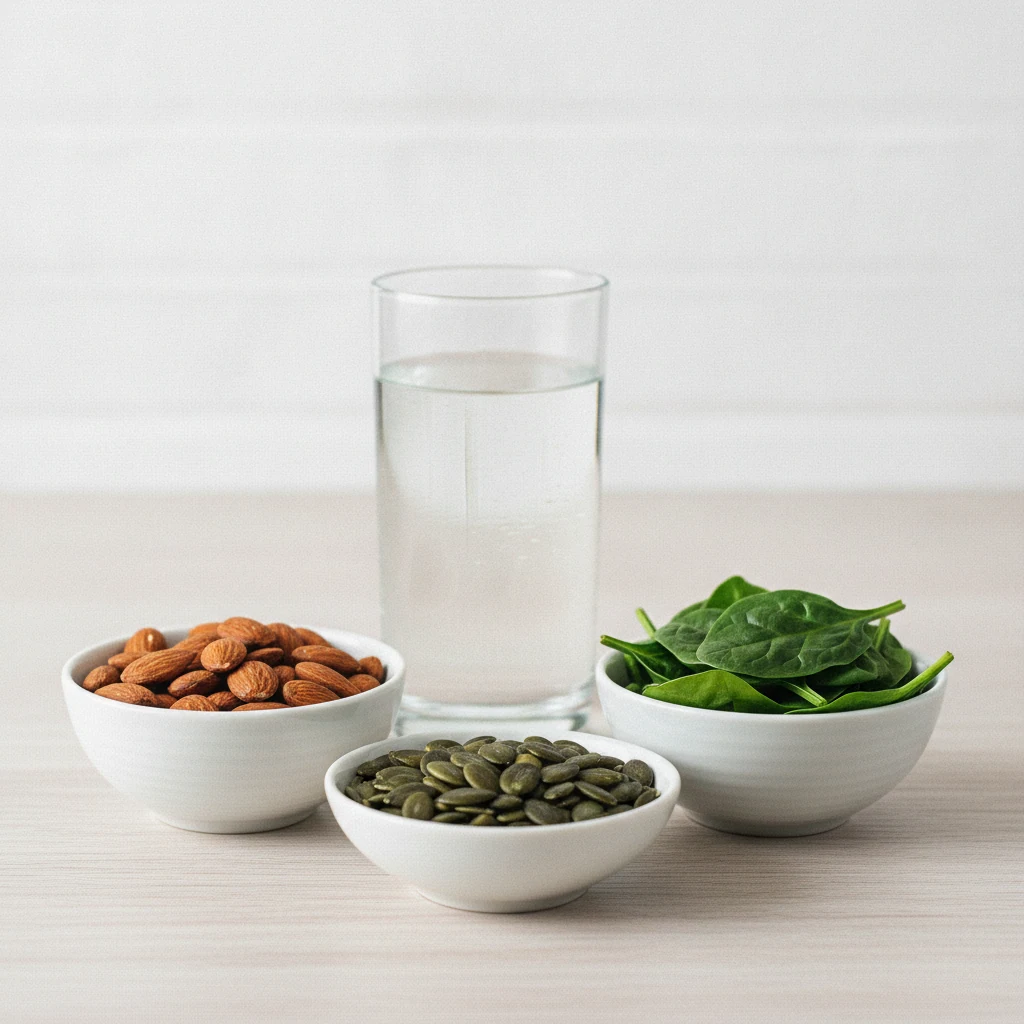 Assorted nuts, pumpkin seeds and dark green leafy vegetables in ceramic bowls on a wooden table
