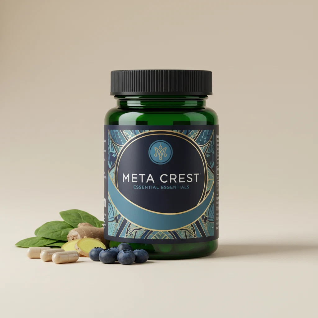 Meta Crest Essential Essentials dark green glass supplement jar with silver lid on a clean white surface